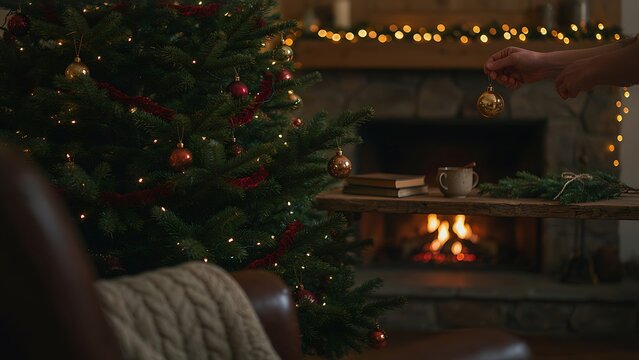 Hands placing a gold bauble on a pine tree branch near a warm stone fireplace during festive holiday preparations, created with generative ai.