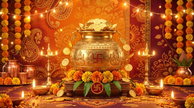 Dhanteras celebration with golden kalash and overflowing gold coins