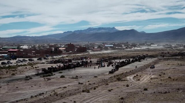 Aerial drone footage of Uyuni Train Cemetery, Bolivia, 4k footage 