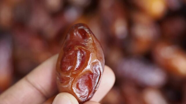 Holding high quality organic dates fruit close up with blurred background for healthy food concept