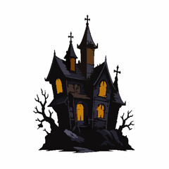 Fototapeta premium Halloween Pixel Art Haunted Mansion with Spooky Glowing Orange Windows