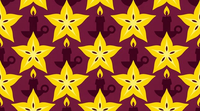 Yellow starfruit slices and lit candles seamless pattern vector background