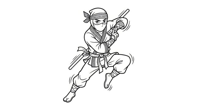 Dynamic Ninja Warrior Illustration with Bo Staff, Martial Arts Action Pose, Black and White Line Art