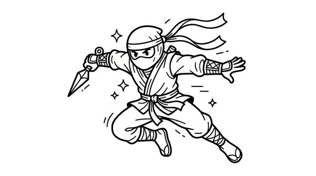 Dynamic Ninja Warrior Character Illustration with Shuriken Weapon, Action Pose, Martial Arts, Japanese Fighter, Cartoon Style
