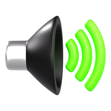 Sound speaker emitting green audio waves for volume and media broadcast