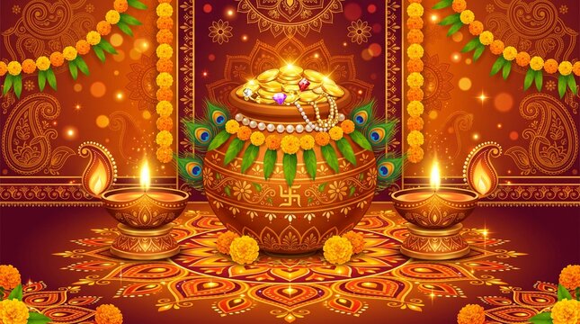 Dhanteras celebration with golden pot of coins and glowing oil lamps
