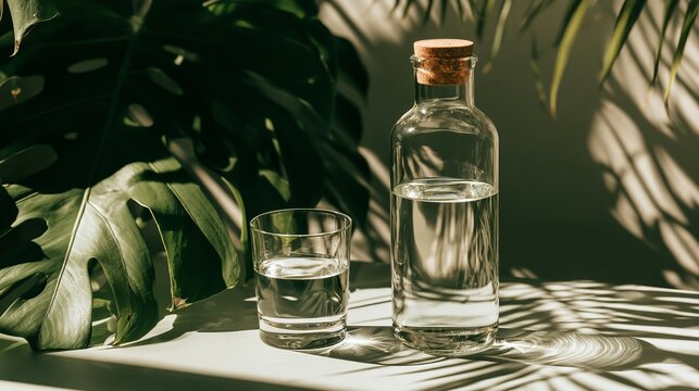 Refreshing glass and bottle of clear water beside lush green foliage, perfect concept representing wellness and hydration