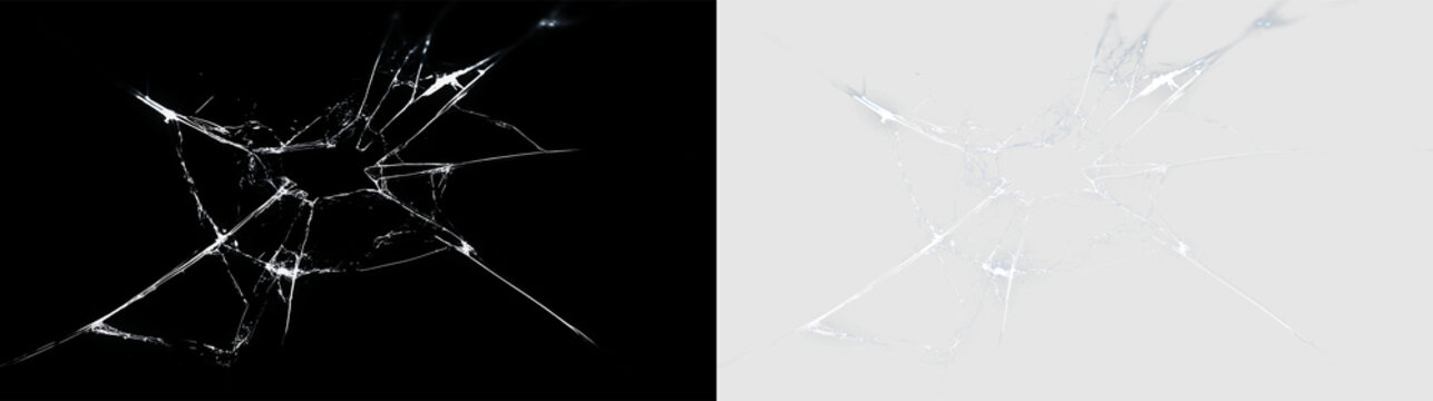 Shattered glass texture with central impact hole. Broken screen and window crack overlay on transparent background