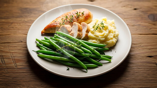 Grilled salmon fillet with green beans and creamy mashed potatoes served on a ceramic plate on rustic wooden table for healthy dinner seafood meal balanced nutrition and home cooking