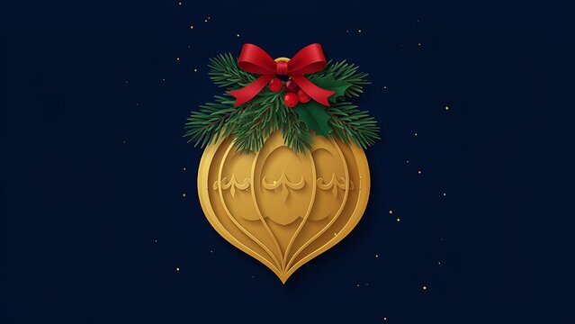 An ornate paper-cut style golden teardrop ornament decorated with a red ribbon bow and pine leaves against dark blue background, created with generative ai.