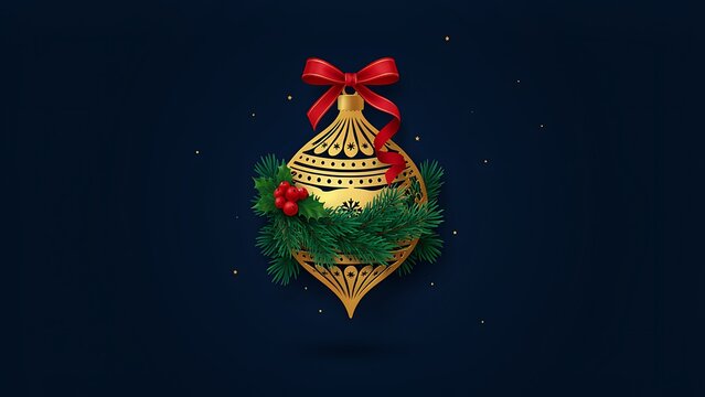 A patterned vintage gold bauble wrapped in a pine garland with red berries and a festive satin bow, created with generative ai