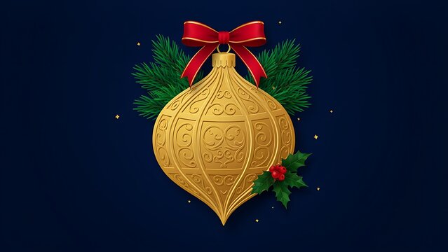 An intricately engraved gold Christmas bauble topped with a red bow and framed by pine branches on dark background, created with generative ai.
