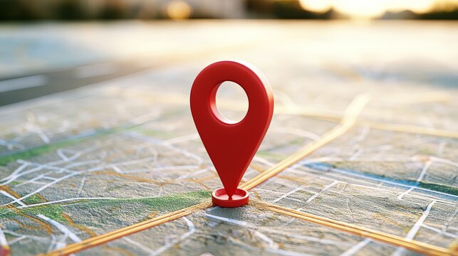 Bright red location marker pinpointing a map surface, showcasing global travel and navigational concept