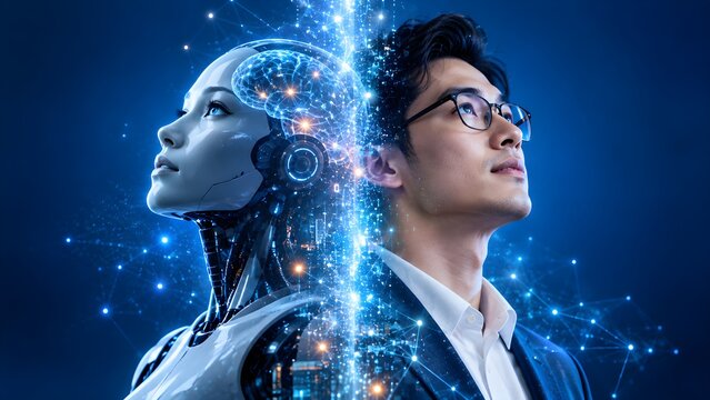 Concept of artificial intelligence with a human man and a robot looking ahead, symbolizing the future of technology and innovation
