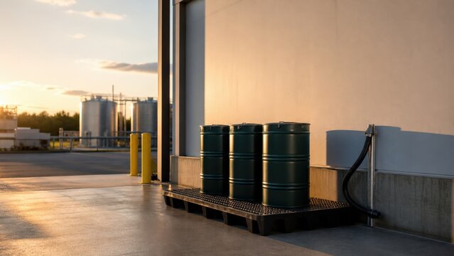Restaurant used cooking oil recycling drums at a biodiesel receiving dock