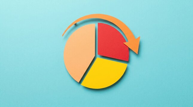 Colorful circular pie chart with a circular arrow indicator on a light blue background business strategy analysis