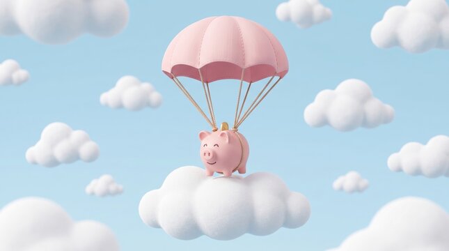 Pink piggy bank floating on a white cloud with a parachute against a light blue sky piggybank parachute floating