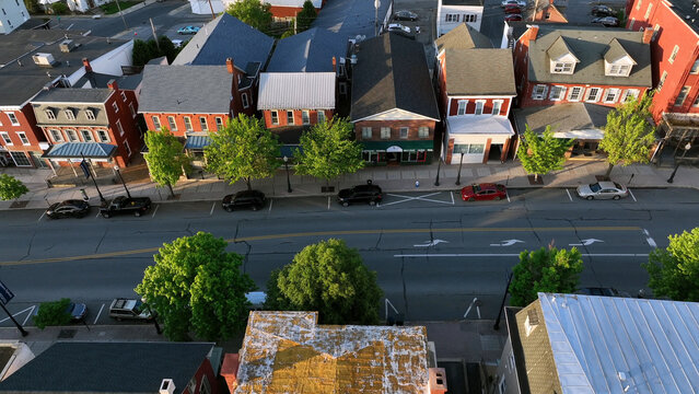 Aerial view of historic brick buildings and storefronts along the main street in Ephrata, Pennsylvania, United States.