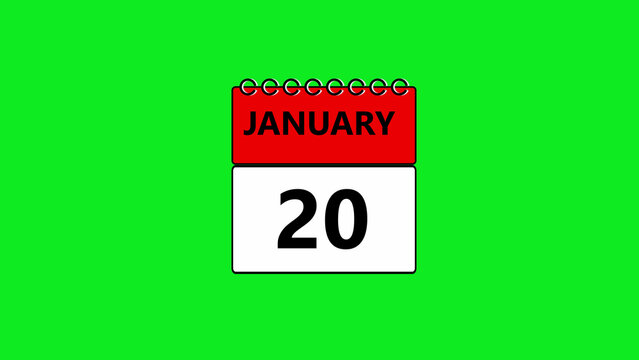January 20th calendar page isolated on a vibrant green screen background, for easy chroma, key compositing and, editing projects for scheduling