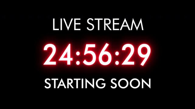 Live stream starting soon countdown timer animation with transparent background and alpha channel. Suitable for livestream broadcasts, online events, gaming streams, social media videos, webinars etc