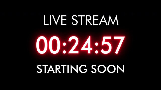 Live stream starting soon countdown timer animation with transparent background and alpha channel. Suitable for livestream broadcasts, online events, gaming streams, social media videos, webinars
