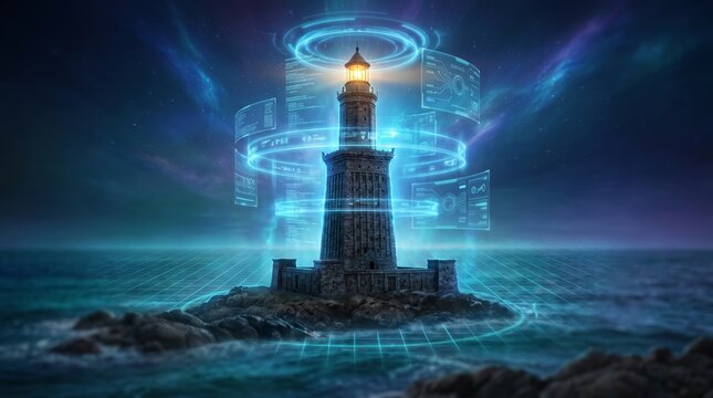 Lighthouse, blue glowing data, futuristic technology cyber concept