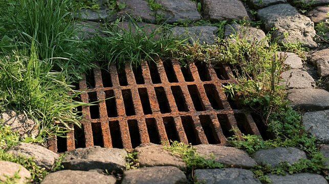 Rusting metal drain grate situated alongside mossy stones and vibrant green foliage, representing urban infrastructure