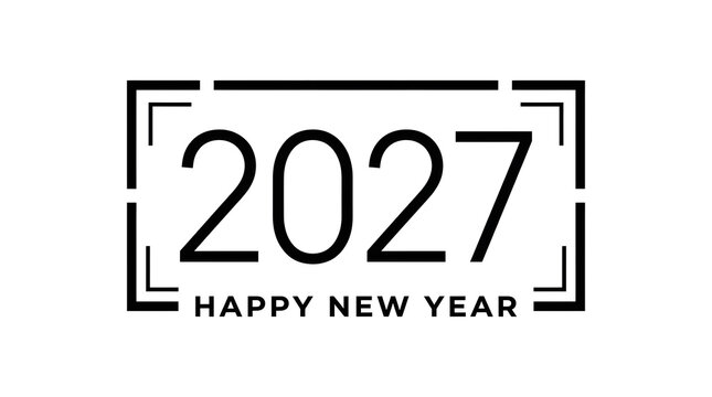 Minimalist black and white graphic design featuring the year 2027 with happy new year text inside a modern rectangular frame border