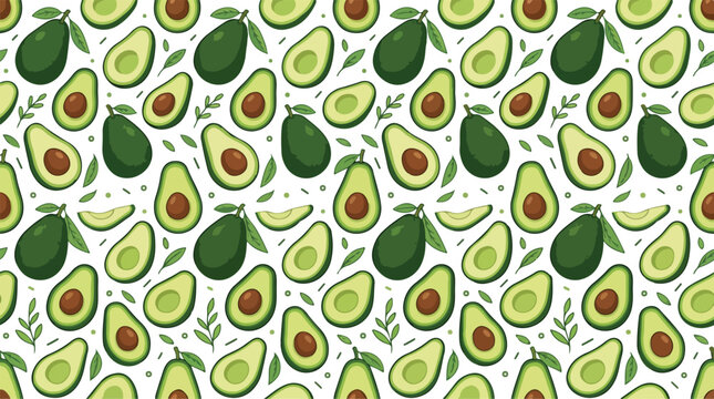 Seamless pattern of avocado halves and whole fruits with leaves on white background