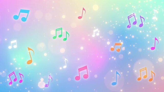 音符　キラキラ　かわいい　CG 動画　抽象的　ゆめかわ　夢かわいい　おしゃれ　パーティクル　作曲　カラオケ　Music notes,Melody animation.Abstract glowing particles.Pastel rainbow gradient background.Loop video.