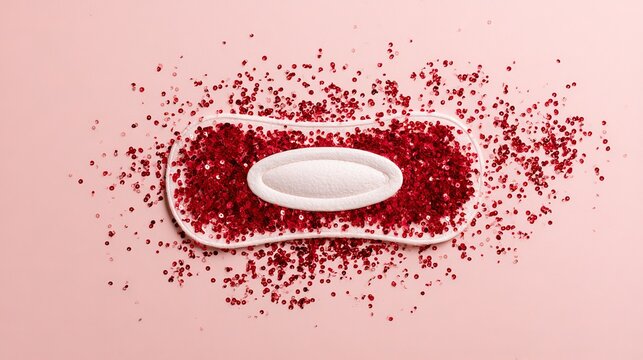 Soft menstrual pad resting gently on a pink surface, surrounded by scattered crimson granules, concept for feminine wellness