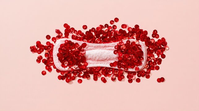 Menstrual pad surrounded by scattered red beads, symbolizing female health and awareness, a concept for wellness