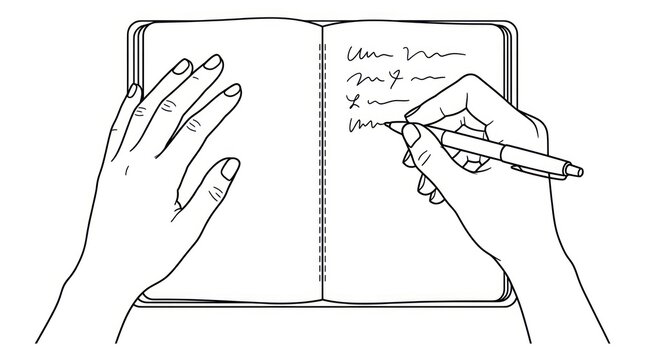Hand writing notes in open notebook with pen, top view, illustration, creative process, planning, diary, brainstorming, education, learning, communication concept