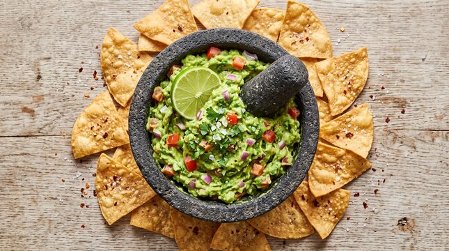 Fresh Guacamole with Tortilla Chips Overhead Flat Lay