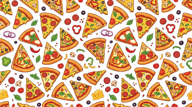 Seamless pattern of appetizing pizza slices and fresh ingredients scattered on a white background