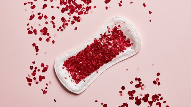 Crimson confetti covers a sanitary pad against a soft pink backdrop, representing feminine health and period awareness concepts