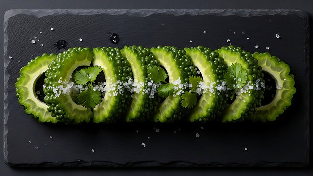 Fresh sliced bitter melon arranged on dark slate with water droplets showcasing green ridged texture healthy tropical vegetable ingredients for vegan cooking nutrition and organic food concepts