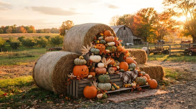 Autumn harvest cornucopia overflowing with pumpkins, gourds and squash on hay bales with rustic farm barn, Thanksgiving fall scene
