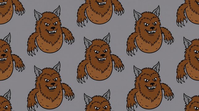 Seamless pattern of spooky werewolf potato cartoon characters for Halloween
