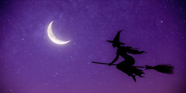 Witch silhouette flying on broomstick beside crescent moon in purple starry sky, magical Halloween night background