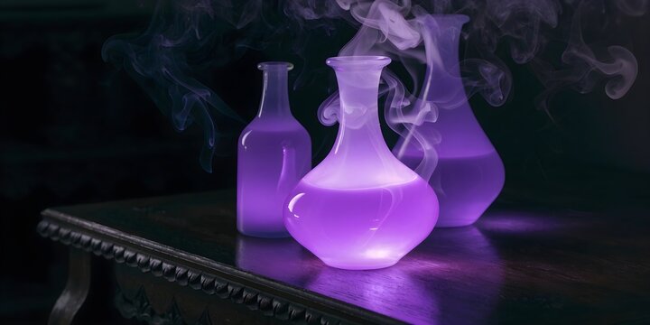 Glowing purple magic potion bottles with mystical smoke on dark background, witch alchemy Halloween fantasy scene