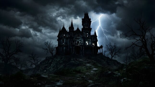 Haunted house silhouette on hill with lightning strike in dark stormy sky, gothic Halloween mansion horror background