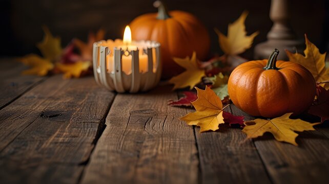 Cozy autumn still life with pumpkins, burning candle and fallen maple leaves on rustic wooden table, warm fall Halloween decoration