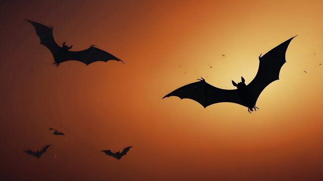 Flock of bat silhouettes flying across warm orange gradient sky at sunset, spooky Halloween background with copy space