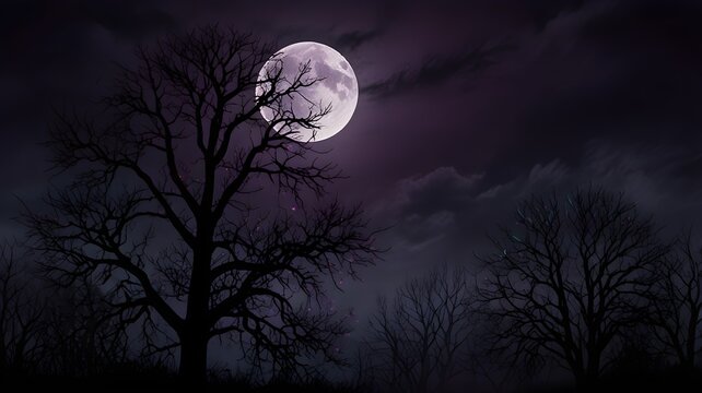Full moon rising behind bare twisted tree branches in dark cloudy night sky, eerie Halloween mystery background