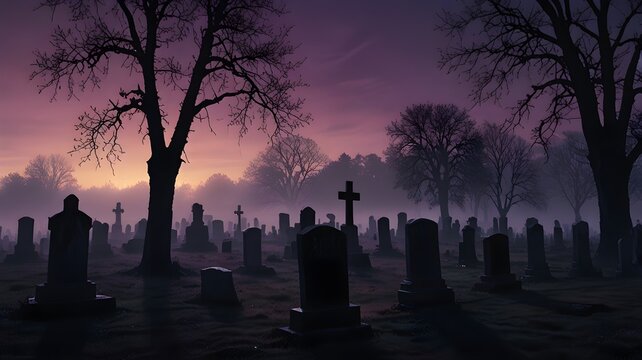 Spooky graveyard silhouette with bare trees, tombstones and cross under purple twilight sky, gothic Halloween cemetery background