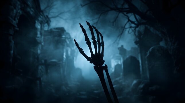 Skeleton hand rising from foggy graveyard with blue moonlight, scary Halloween background with tombstones and bare trees