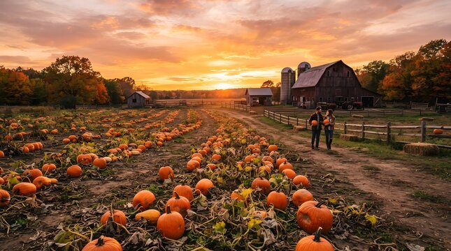 Pumpkin patch at golden sunset with red barn and two people walking between rows of orange pumpkins, autumn harvest farm landscape