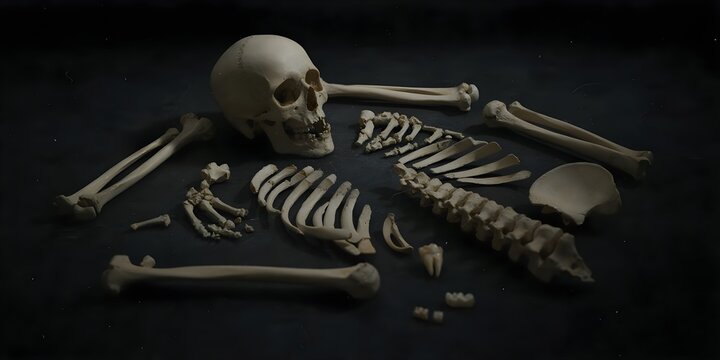 Human skeleton bones and skull scattered on dark textured surface, creepy Halloween anatomy background with dramatic low key lighting
