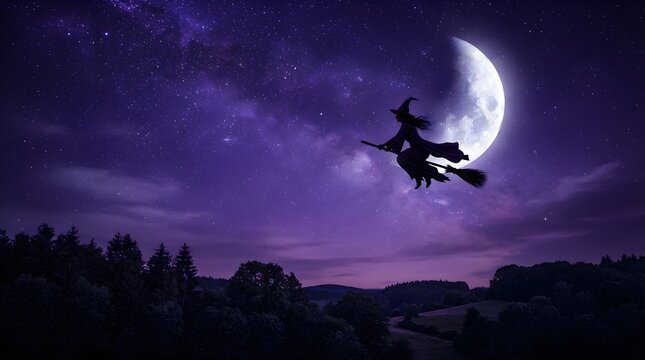 Witch flying on broomstick across giant full moon in purple starry night sky, spooky Halloween background with dark tree silhouettes